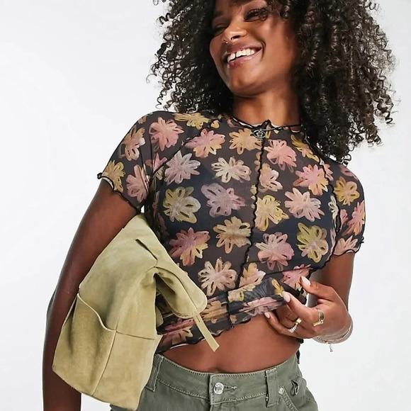 Topshop || Mesh Stretch Abstract Ditsy Floral Daisies Top XS - Picture 1 of 10